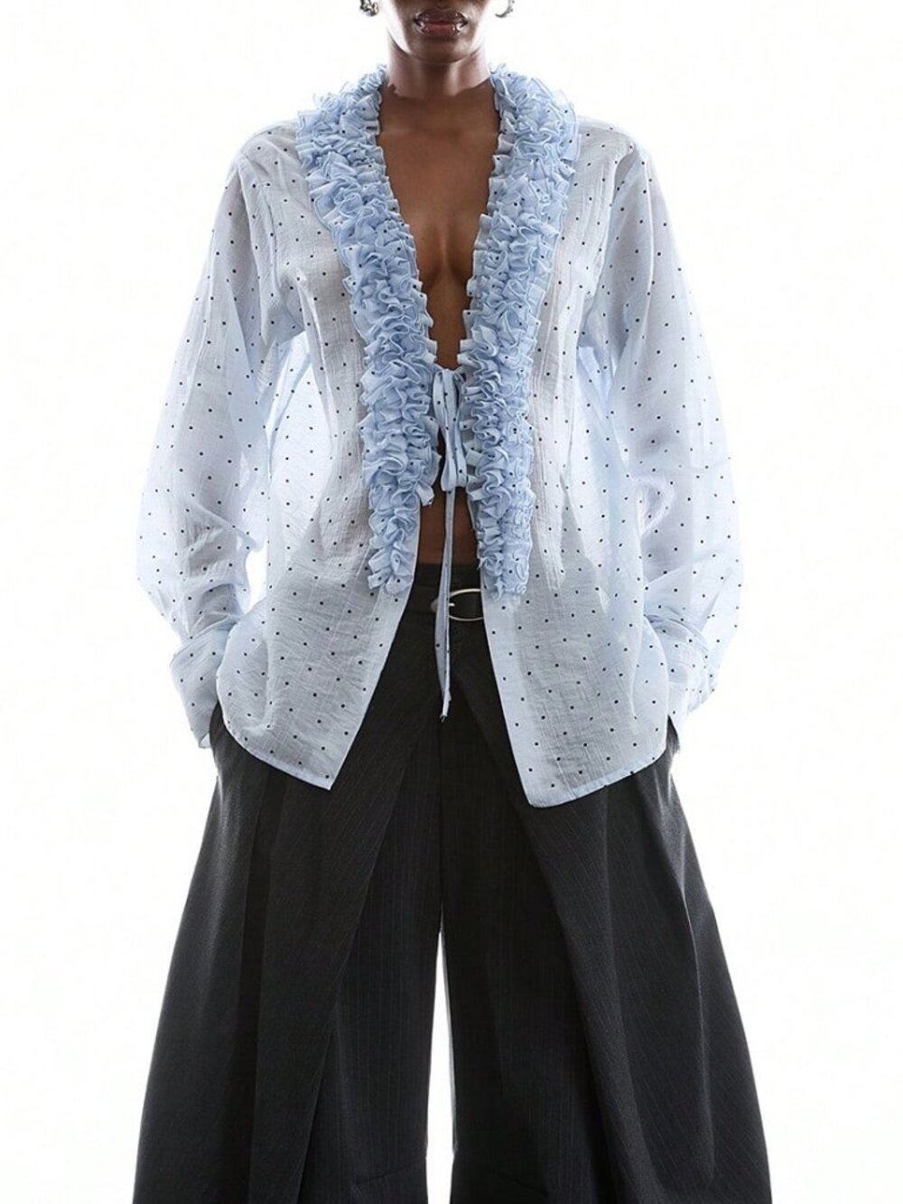 Blue Casual Women's Sexy Polka Dot Print Ruffle Hem Blouse - Picture 6 of 9
